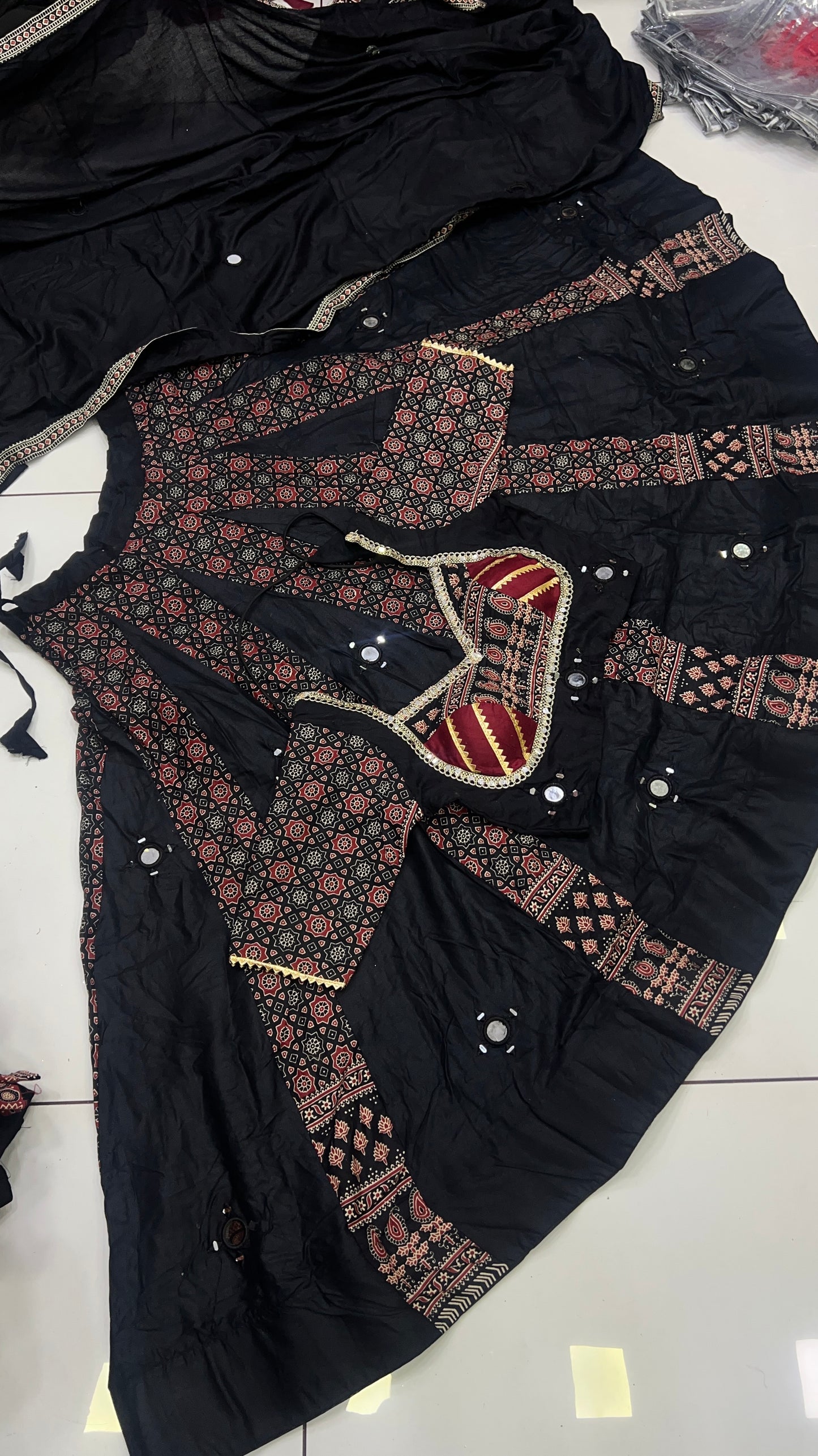 28Kali Ajrak Mirror work Lehnga Set