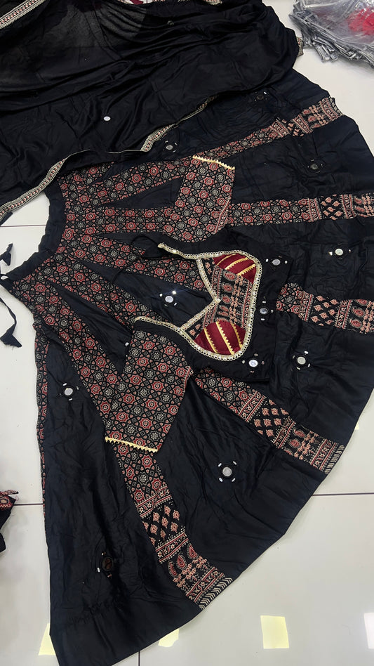 28Kali Ajrak Mirror work Lehnga Set