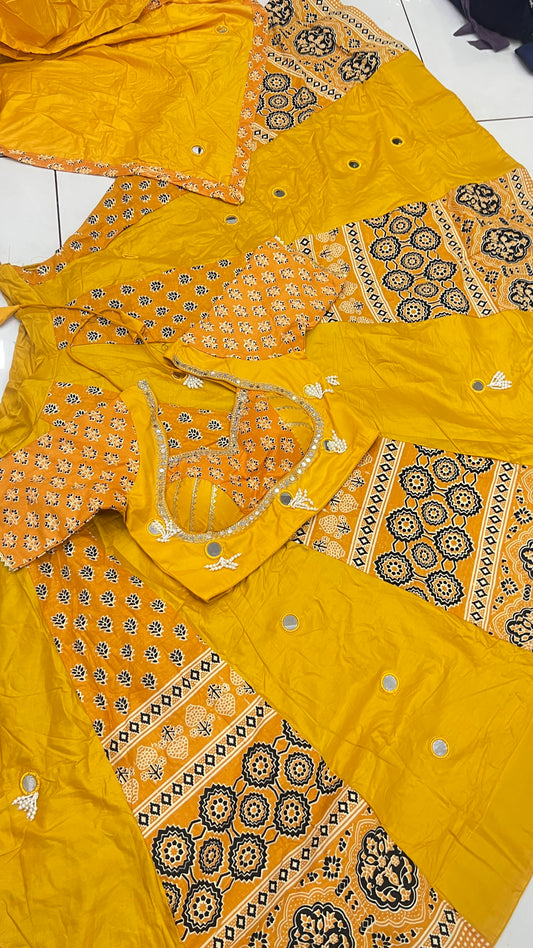 1399 Ajrak Heavy beads Latkan Mirror work Lehnga set (Limited Stock)