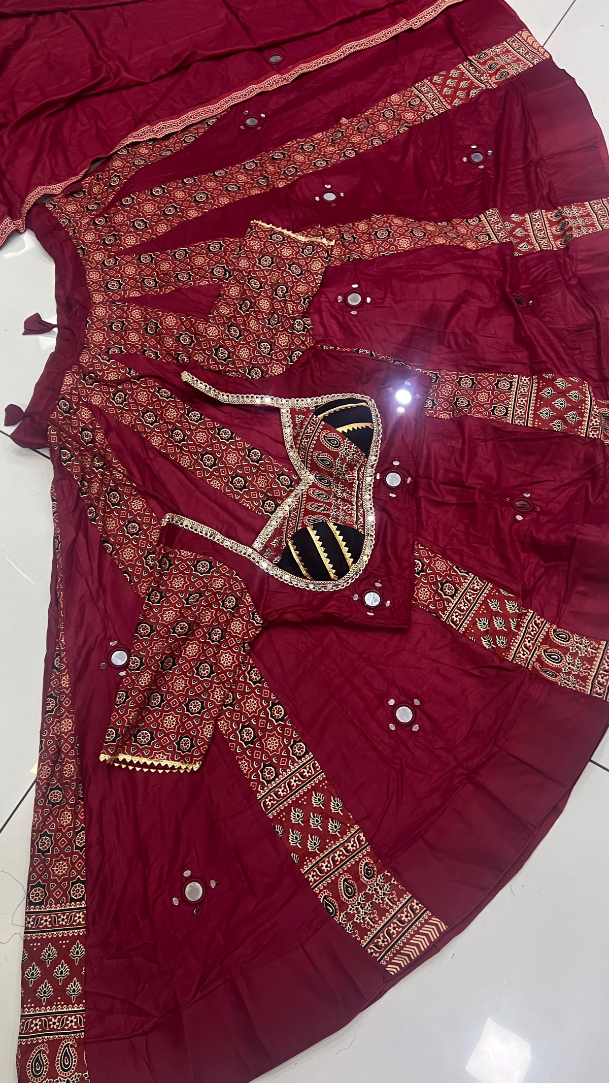 28Kali Ajrak Mirror work Lehnga Set