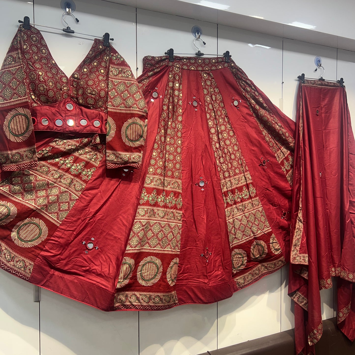 PURE AJRAK MIRROR HANDWORKED HEAVY LEHNGA BLOUSE AND DUPPATA SETS