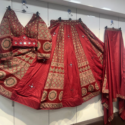 PURE AJRAK MIRROR HANDWORKED HEAVY LEHNGA BLOUSE AND DUPPATA SETS