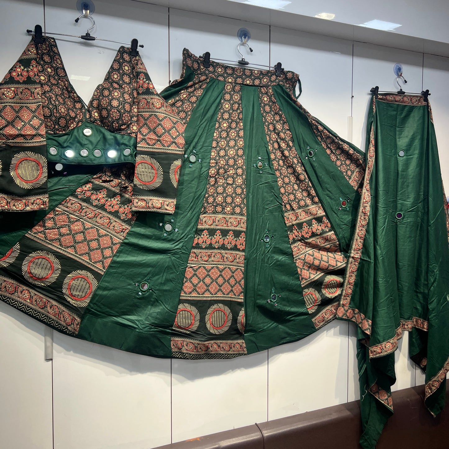 PURE AJRAK MIRROR HANDWORKED HEAVY LEHNGA BLOUSE AND DUPPATA SETS