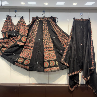 PURE AJRAK MIRROR HANDWORKED HEAVY LEHNGA BLOUSE AND DUPPATA SETS