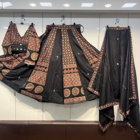 PURE AJRAK MIRROR HANDWORKED HEAVY LEHNGA BLOUSE AND DUPPATA SETS