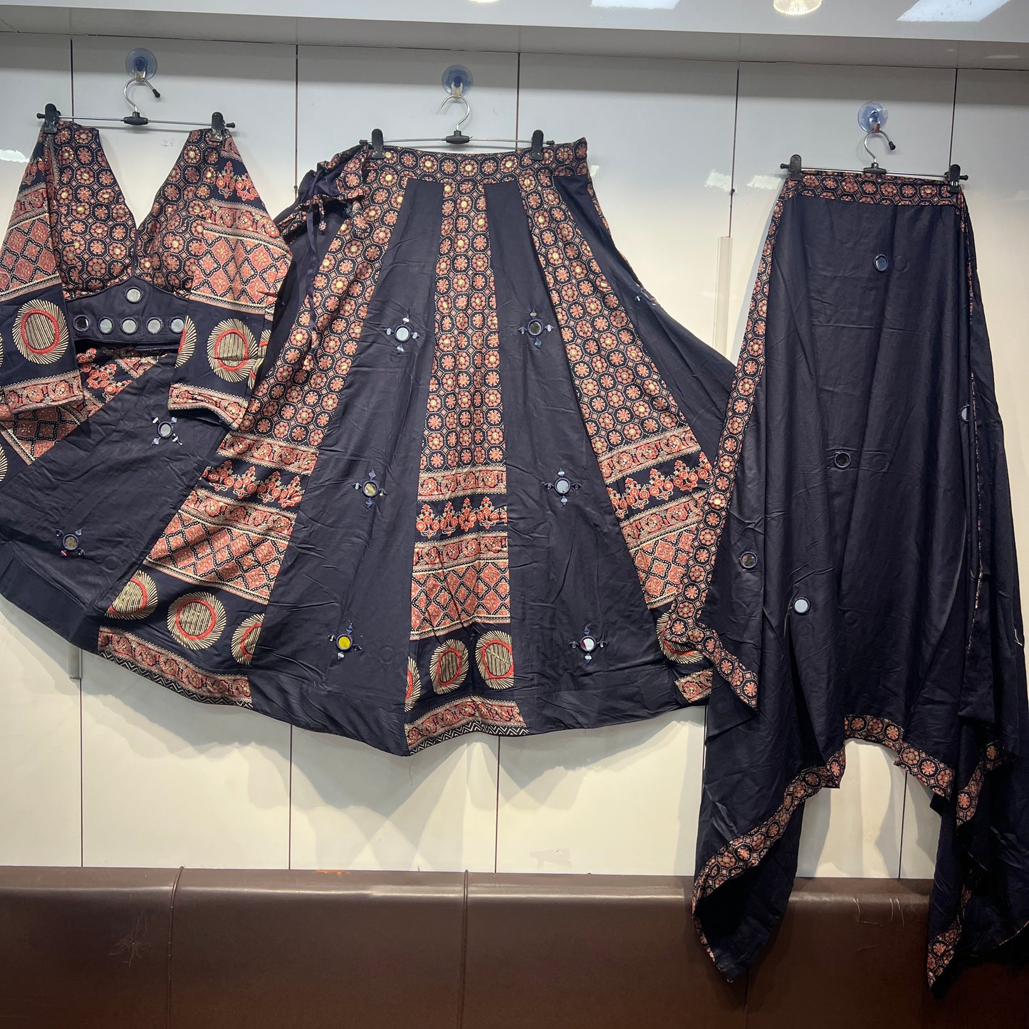 PURE AJRAK MIRROR HANDWORKED HEAVY LEHNGA BLOUSE AND DUPPATA SETS