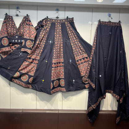 PURE AJRAK MIRROR HANDWORKED HEAVY LEHNGA BLOUSE AND DUPPATA SETS