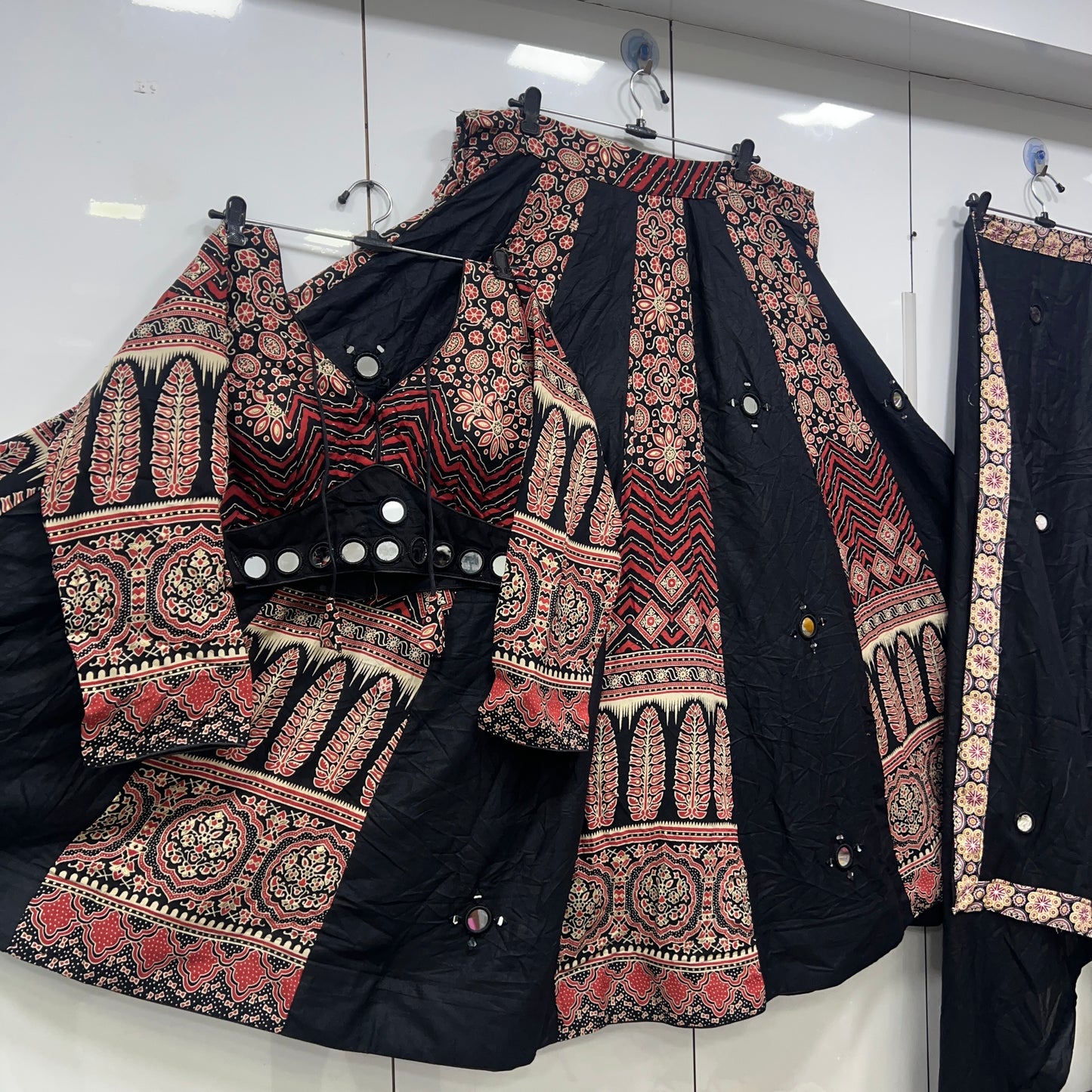 Heavy Hand Work Mirror Ajrak Lehenga Blouse an Duppatta Set