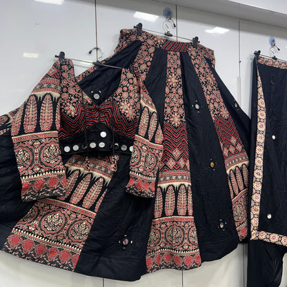 Heavy Hand Work Mirror Ajrak Lehenga Blouse an Duppatta Set