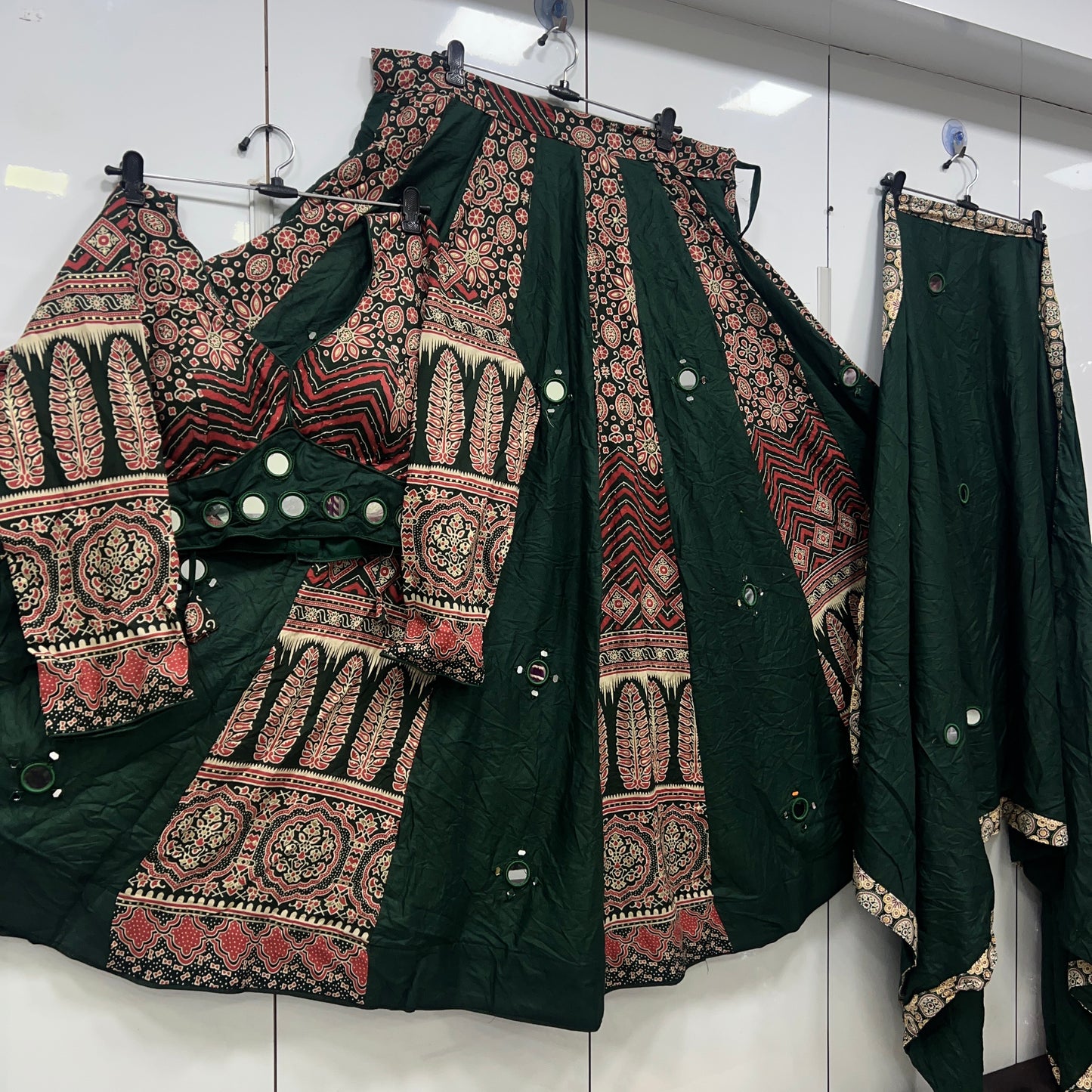 Heavy Hand Work Mirror Ajrak Lehenga Blouse an Duppatta Set