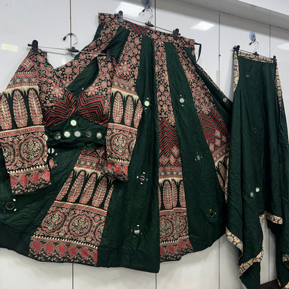 Heavy Hand Work Mirror Ajrak Lehenga Blouse an Duppatta Set