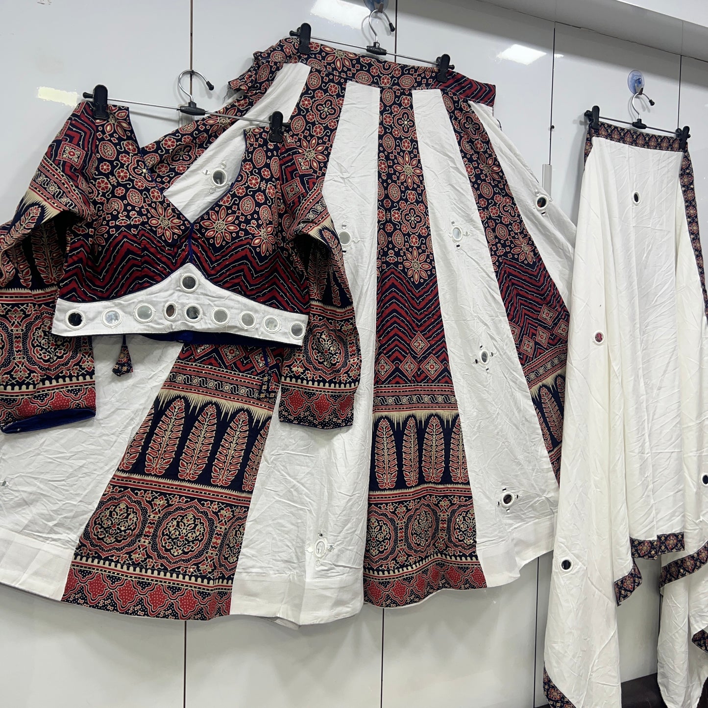 Heavy Hand Work Mirror Ajrak Lehenga Blouse an Duppatta Set
