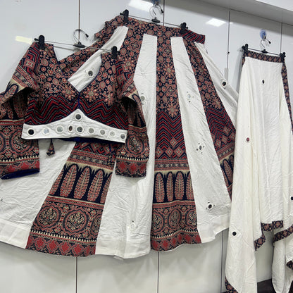 Heavy Hand Work Mirror Ajrak Lehenga Blouse an Duppatta Set