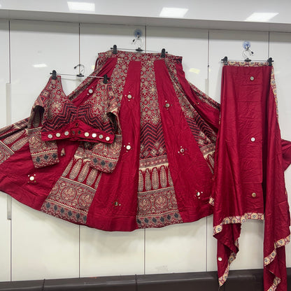Heavy Hand Work Mirror Ajrak Lehenga Blouse an Duppatta Set