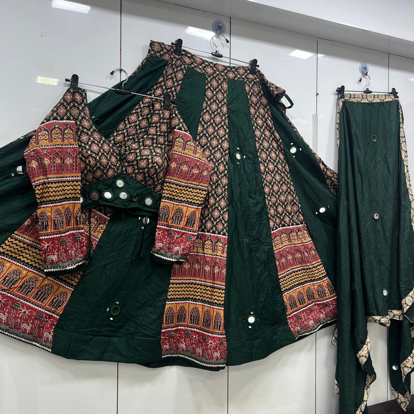 Heavy Hand Work Mirror Ajrak Mandir Lehenga Blouse an Duppatta Set