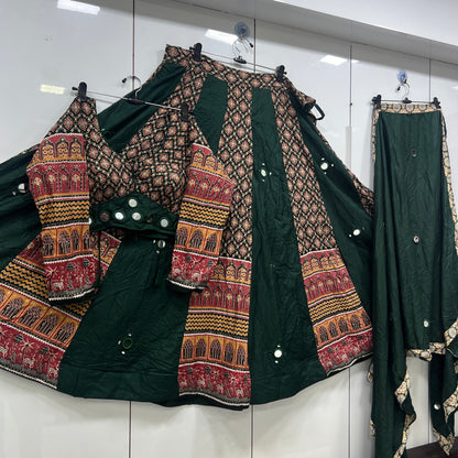 Heavy Hand Work Mirror Ajrak Mandir Lehenga Blouse an Duppatta Set