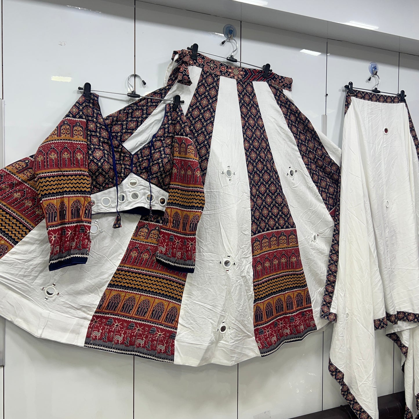 Heavy Hand Work Mirror Ajrak Mandir Lehenga Blouse an Duppatta Set