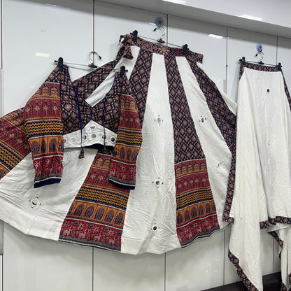 Heavy Hand Work Mirror Ajrak Mandir Lehenga Blouse an Duppatta Set