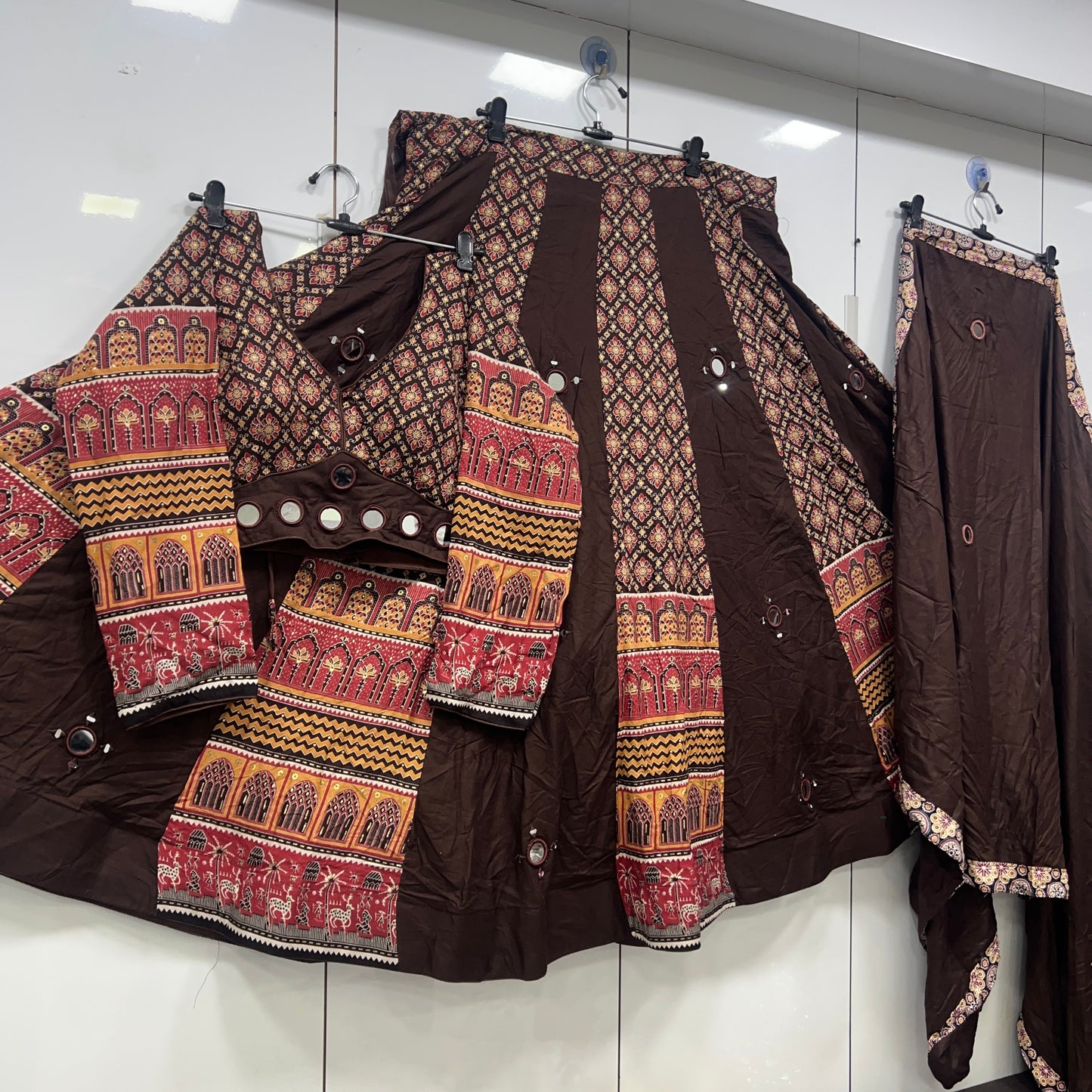 Heavy Hand Work Mirror Ajrak Mandir Lehenga Blouse an Duppatta Set