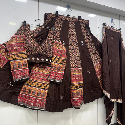 Heavy Hand Work Mirror Ajrak Mandir Lehenga Blouse an Duppatta Set