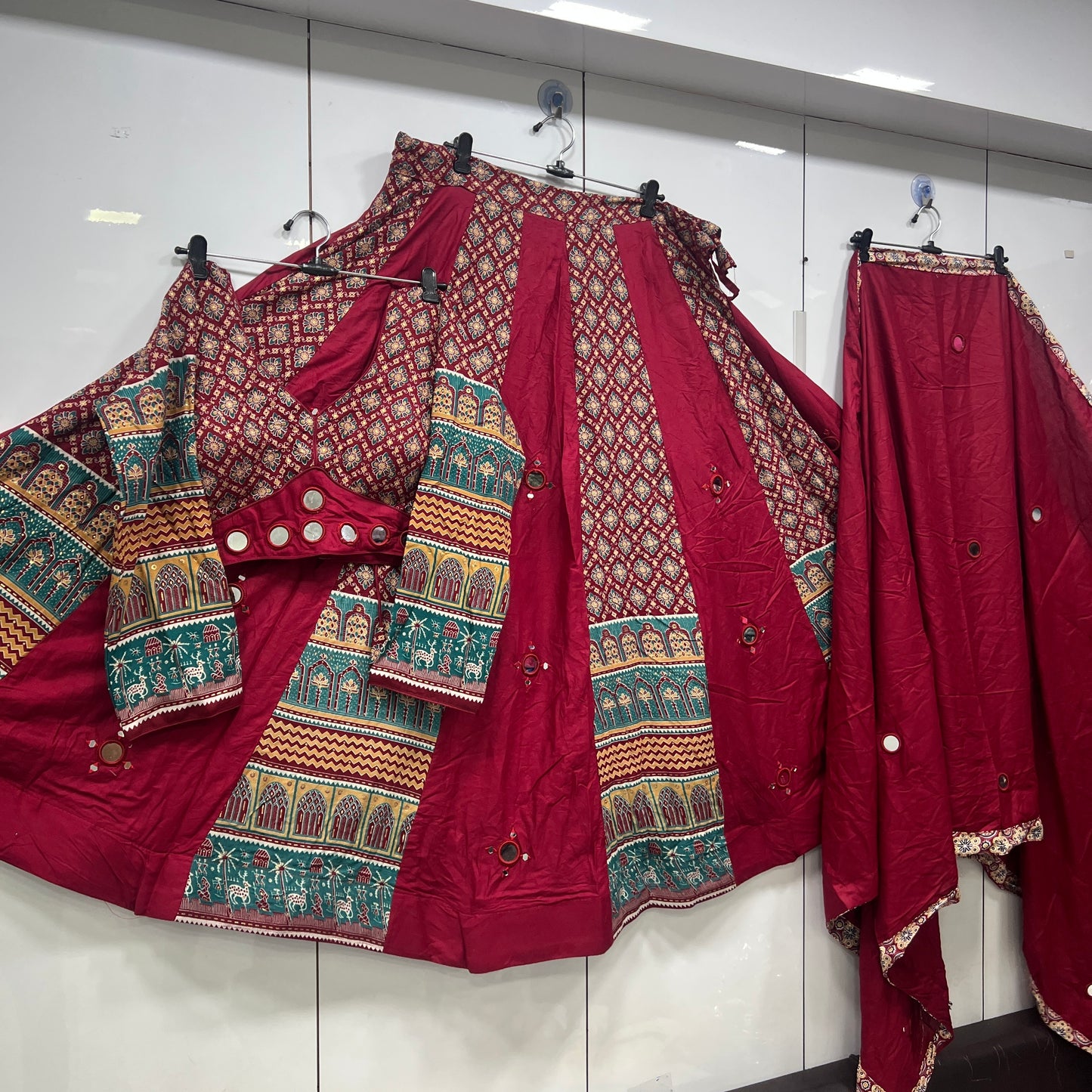 Heavy Hand Work Mirror Ajrak Mandir Lehenga Blouse an Duppatta Set