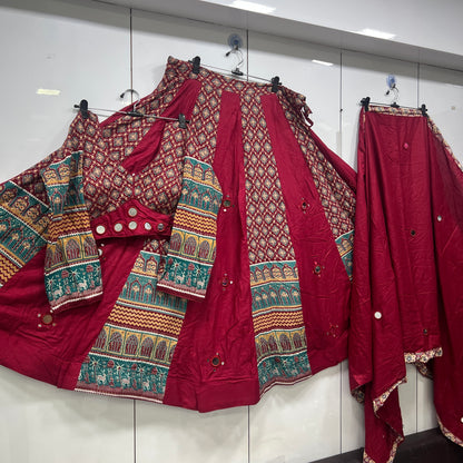 Heavy Hand Work Mirror Ajrak Mandir Lehenga Blouse an Duppatta Set