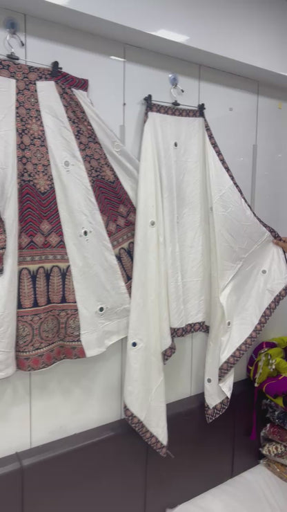 Heavy Hand Work Mirror Ajrak Lehenga Blouse an Duppatta Set