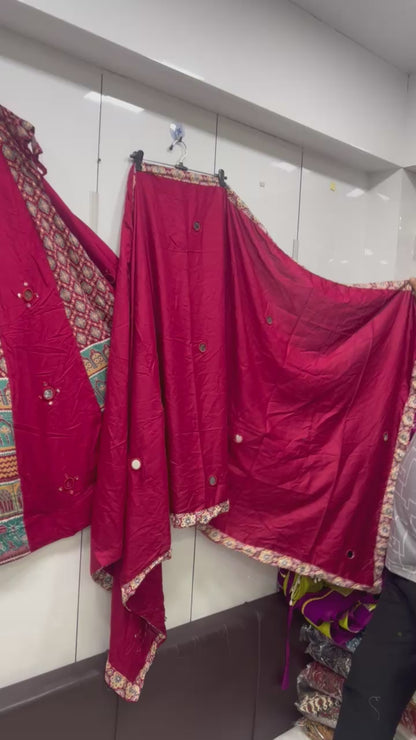 Heavy Hand Work Mirror Ajrak Mandir Lehenga Blouse an Duppatta Set